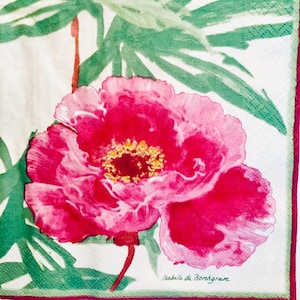 3 Decoupage Servietten, Isabelle de Borchgrave rosa rote Blumen mit Blättern, 13 "x 13" entfaltet