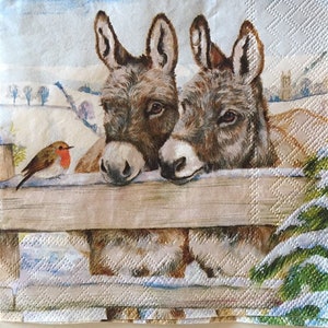 3 Decoupage-Servietten, Esel und Rotkehlchen, ungefaltet