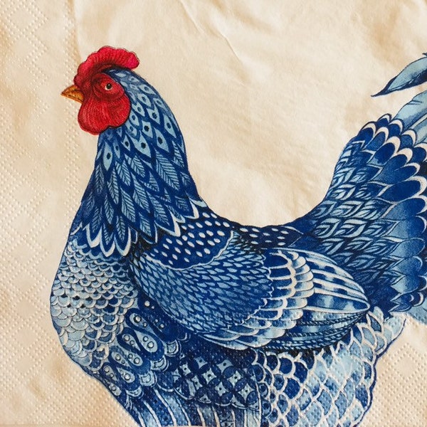 3 Decoupage Napkins, Blue Plumage Hen Rooster Drawing, 13" x 13" Unfolded