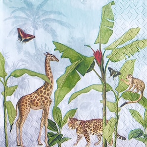 3 Decoupage Napkins, Tropical Jungle Animals Leopard Giraffe Monkey 13&quot; x 13&quot; Unfolded