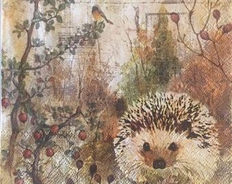 3 Decoupage Luncheon Napkins - Autumn Hedgehog 13"x13" Unfolded