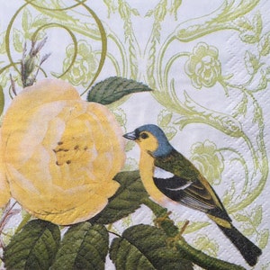 3 guardanapos para bebidas decoupage, Floral Bliss Two com pássaro e flor amarela, 10" x 10"