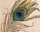 3 Decoupage Beverage Napkins, Beautiful Peacock Feathers, 10 quot x 10 quot