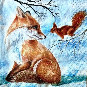 3 serviettes de découpage, renard roux d’hiver avec écureuil, 13 » x 13 » déplié