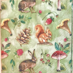 3 Decoupage Napkins, Natural Squirrels Rabbits Woodland Forest Animals, 13&quot; x 13&quot; unfolded