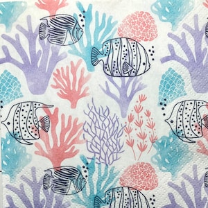 3 servilletas de decoupage para bebidas, coral y peces submarinos, 10" x 10" desplegadas