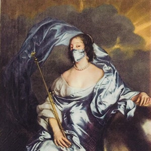 3 guardanapos de decoupage, Rachel usando máscara facial de tecido, 13" x 13" desdobrada