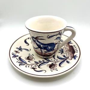 Vintage Collectible Hand Painted Rabbit Outeiro Agueda Signed Ceramic Espressp Demitasse Cup and Saucer, Made in Portugal