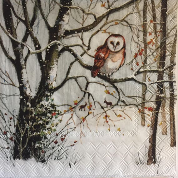winter 4 Single paper decoupage napkins.Owl family owls forest gold -660 