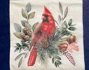 3 Decoupage Beverage Napkins, Red Cardinal Bird With Greenery, 10" x 10" Unfolded