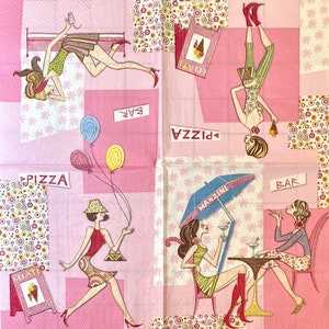 3 Decoupage Beverage Napkins, Mod Girls Audreys Four Scenes Bar Pizza Ice Cream  10"x10" unfolded