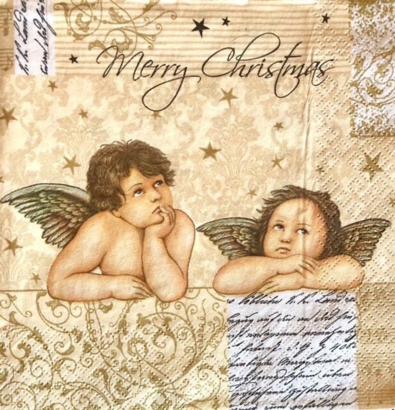 3 servilletas navideñas de decoupage, Ángeles de Rafael con caligrafía, 13" x 13" desplegadas imagen 1