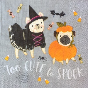 3 Decoupage Getränkeservietten, Halloween Too Cute Mops Hunde Kürbisse 10&quot; x 10&quot; Unfolded