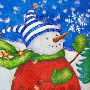 3 guardanapos para bebidas decoupage, chapéu listrado azul boneco de neve 10" x 10" desdobrado