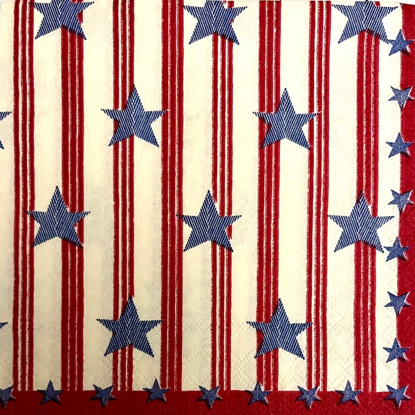 3 serviettes de table à servir, drapeau Liberty USA, étoiles bleues, rayures rouges, 10 x 10 po. non pliée