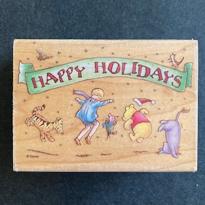 All Night Media 744H Classic Winnie the Pooh Friends Fun in the Snow Happy Holidays Timbro di gomma in legno usato