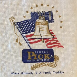 3 guardanapos de decupagem de bebidas vintage autênticos, Albert Pick Hotels Bandeira dos EUA Liberty Bell 10" x 10"