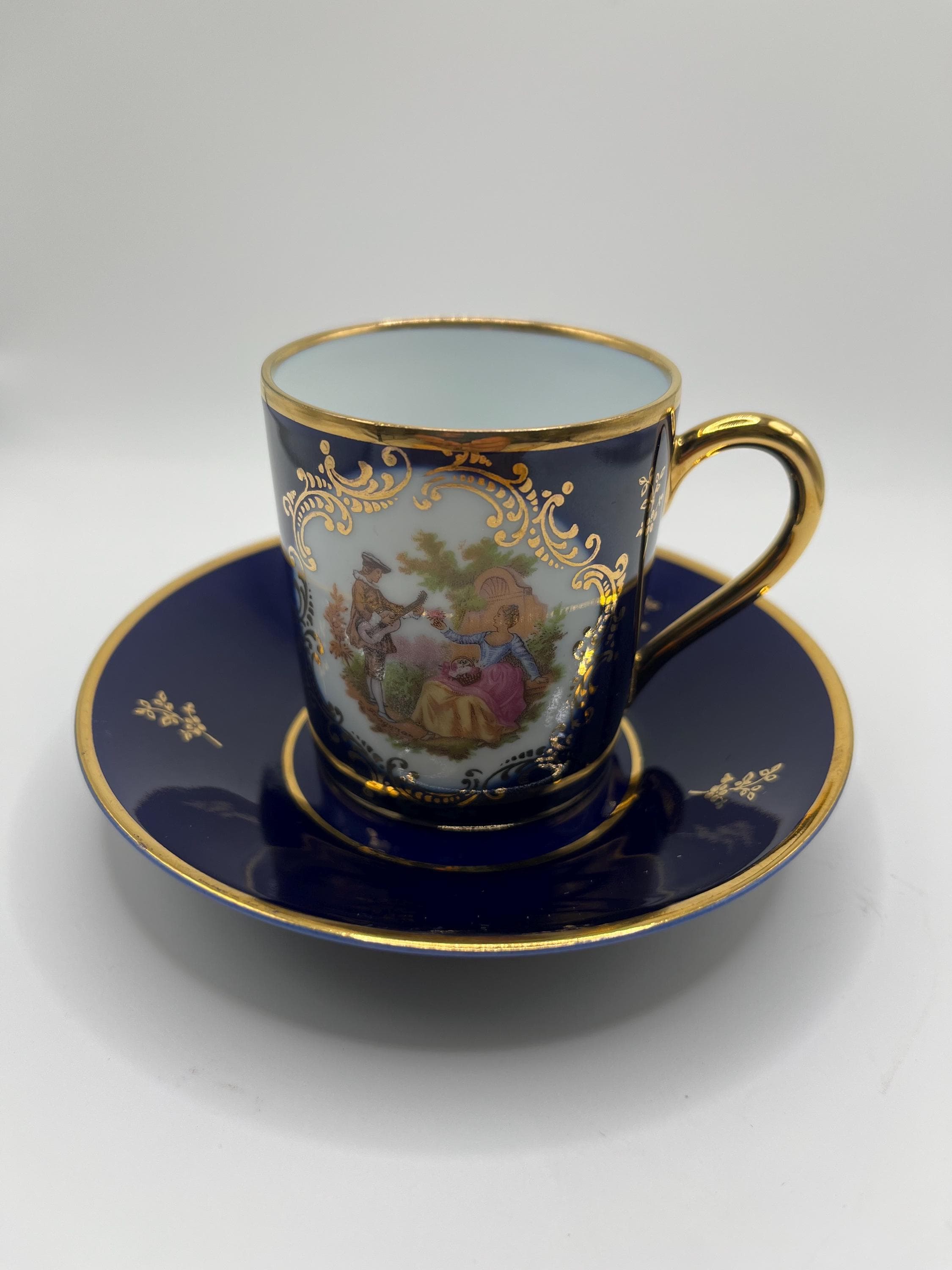 Limoges Florance Porcelain Demitasse Espresso China Cobalt Blue Courting Couple Kitten Tea Cup and Saucer, Capacity: 2.5 oz, Made in France