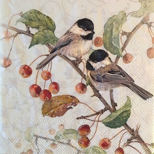 3 Decoupage Napkins, Pair Chickadee Birds On Branches, 13&quot; x 13&quot; unfolded
