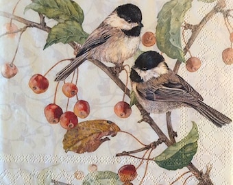 3 Decoupage Napkins, Pair Chickadee Birds On Branches, 13" x 13" unfolded