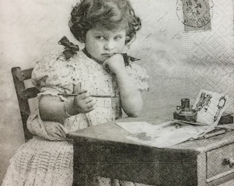 3 Decoupage Napkins, Sagen Vintage Girl at Desk, 13" x 13" Unfolded
