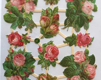 SCRAP RELIEFS 10 Pink Roses Floral Blooms (1 sheet) #7328 - Embossed Die Cuts - Made in Germany