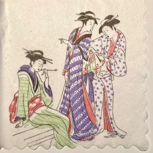 May include: A colorful illustration of three women in traditional Japanese attire. One woman is seated and smoking a pipe, while the other two are standing and conversing. The kimonos feature patterns in purple, green, and white with red accents.