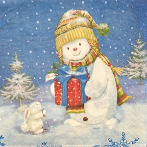3 Decoupage Beverage Napkins, Snow Day Snowman Bunny 10" x 10" Unfolded