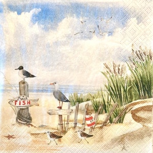 3 tovaglioli per decoupage, uccelli di spiaggia sabbiosa e pesce fresco, 13" x 13" aperto