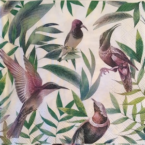 3 Decoupage Napkins, Tropical Gray Birds Green Leaves, 13&quot; x 13&quot; unfolded