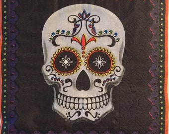 3 Boissons découpées Serviettes - Día De Los Muertos Jour des morts Calavera Sugar Skull Black, 10 » x 10 »