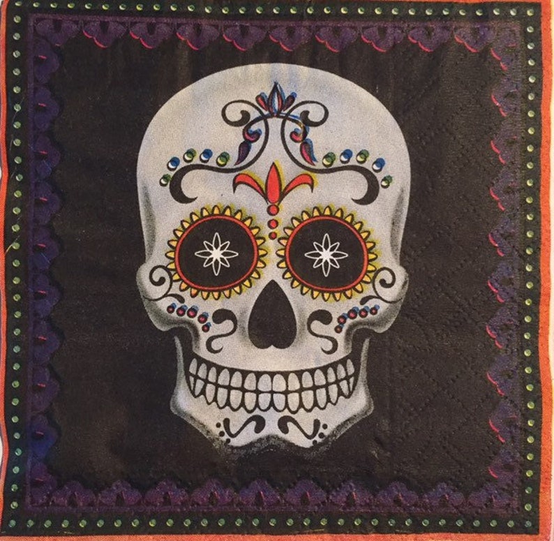 3 Decoupage Beverage Napkins Día De Los Muertos Day of the Dead Calavera Sugar Skull Black, 10 x 10 image 1