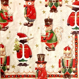 3 guardanapos de decoupage, animais quebra-nozes de Natal vermelhos 13" x 13" desdobrados