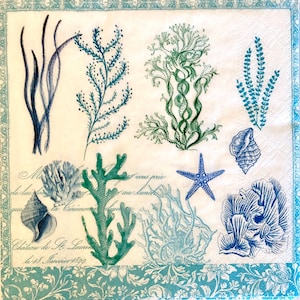 3 servilletas Decoupage, Blue Ocean Seaweed Coral, 13"x 13" desplegadas