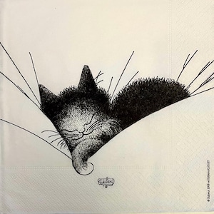 3 Decoupage-Servietten - Albert Dubout Editions Clouet Gros Dodo Schlafende Kätzchen Katze Zeichnung, 33 "x 33" (ungefaltet).
