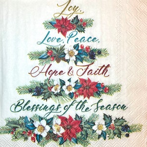 3 servilletas de bebidas decoupage - Árbol de Navidad Bendiciones Alegría Amor Paz Esperanza Fe 10" x 10" desplegada