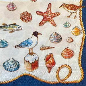 3 servilletas para decoupage, conchas de playa, estrellas de mar, caballitos de mar, gaviotas, 13" x 13" sin doblar