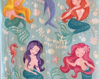 3 Decoupage Napkins, Mermaids are Real, 13" x 13" Unfolded