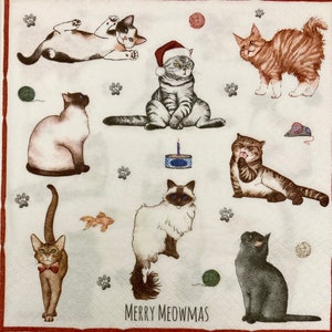 3 serviettes de table pour décoration de Noël, beaux chats de Noël joyeux miaouses, 33 x 33 cm non pliés