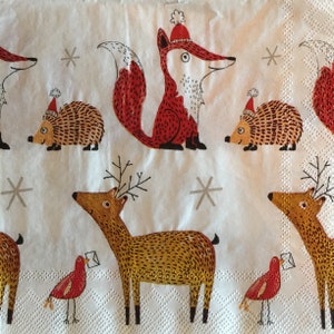 3 Decoupage Beverage Napkins, Winter Christmas Woodland Animals 10&quot; x 10&quot; unfolded