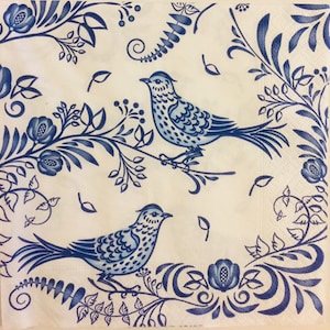 3 Decoupage-Servietten, ungefaltet blau weißer Porzellan-Vogel, 33 cm x 33 cm