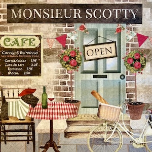 3 servetten knipfolie, Monsieur Scotty Dog Paris Street Café 13 x 13 inch, uitgevouwen