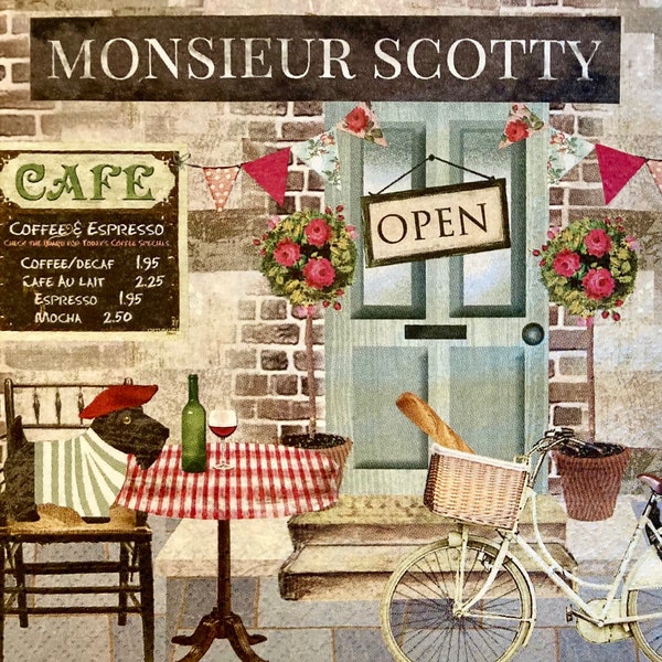 3 Decoupage Napkins, Monsieur Scotty Dog Paris Street Café 13" x 13" unfolded