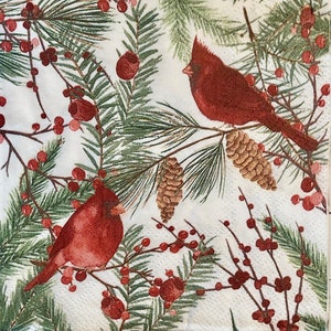 3 Servietten für Decoupage Getränke, Kardinalvogel Kiefer rote Beeren, ungefaltet 25cm x 25cm