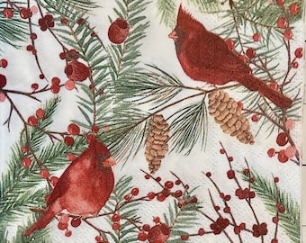 3 Decoupage Beverage Napkins, Cardinal Birds Pine Tree Red Berries, 10" x 10" Unfolded