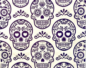 3 Serviettes de déjeuner de découpage - Día De Los Muertos Jour des Morts Calavera Sugar Skull White Purple 13 » x 13 »