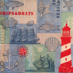 3 Decoupage bebidas servilletas, Ocean Lighthouse Ship Fish Shells 10" x 10"