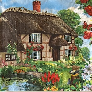 3 decoupageservetter, halmtak, stuga, trädgård, 33 x 33 cm, utfällda