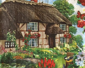3 Decoupage Napkins, Thatched Roof Cottage House Garden 13" x 13" unfolded