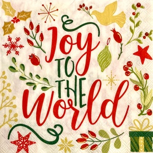 3 servilletas para bebidas decoupage, Joy to the World Tis the Season Red Holiday Words, 10" x 10" desplegadas